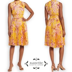 Nanette Lapore Floral High Smock Neck Fitted Waist Pleated Accordion Dress